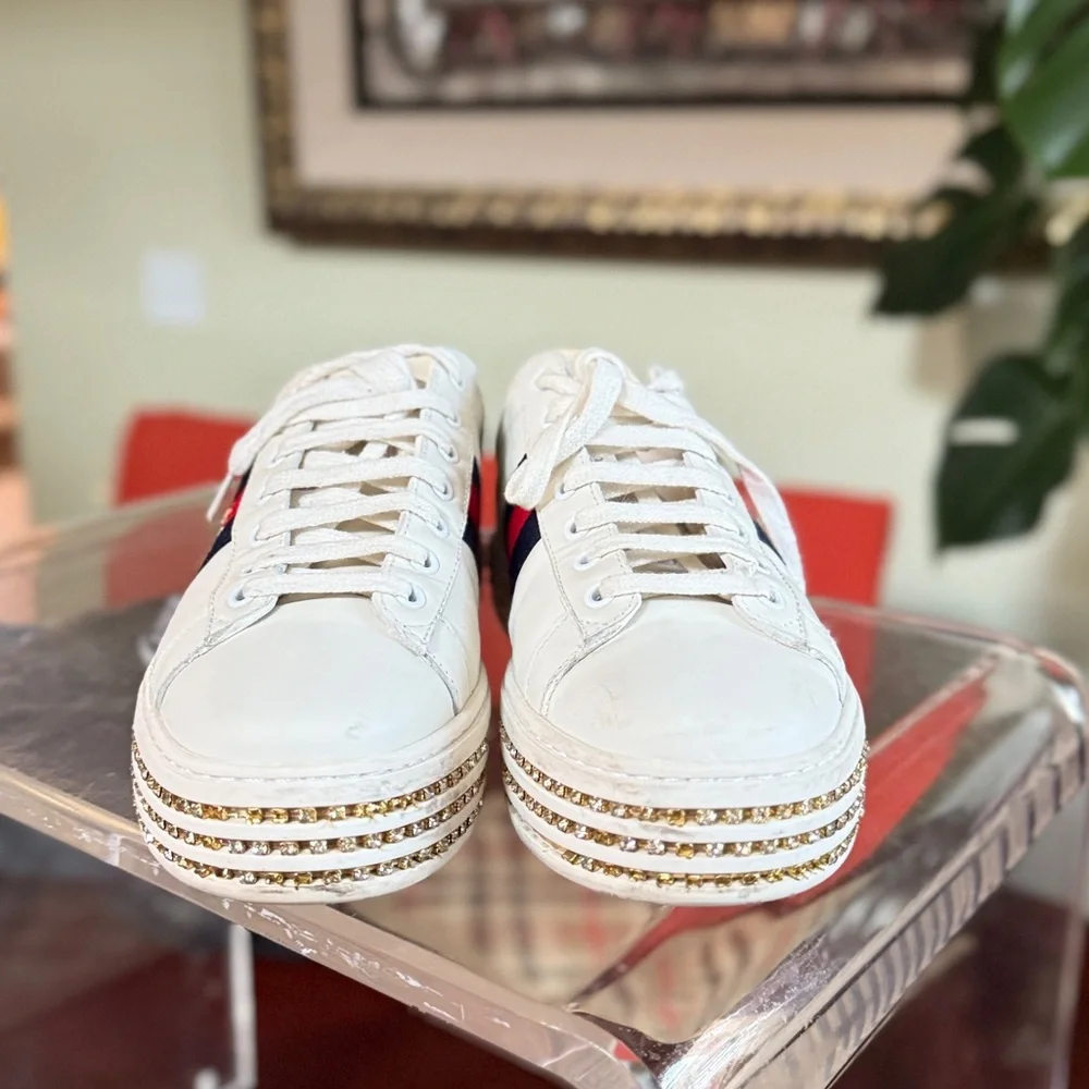 GUCCI Calfskin Crystal Web Bee Womens Ace Platform Sneakers 39 White - Picture 2 of 15